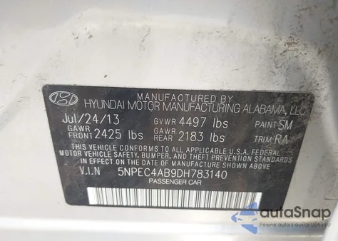 2013 Hyundai Sonata Se 2.0T from USA, damaged, VIN 5NPEC4AB9DH783140
